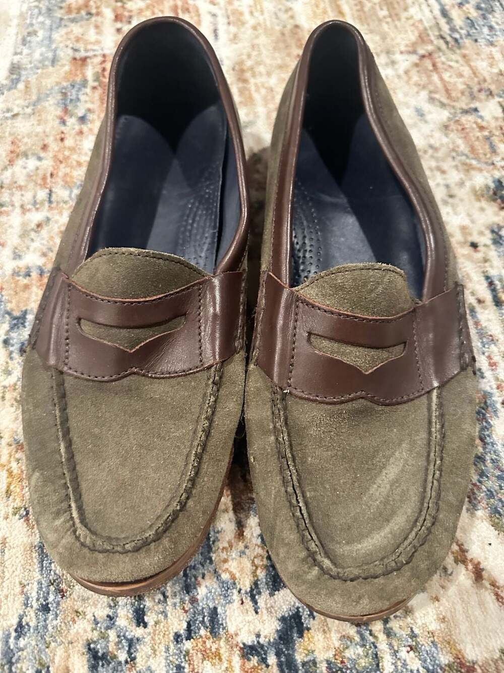 Cole Haan Penny Loafers Green Suede Brown Leather